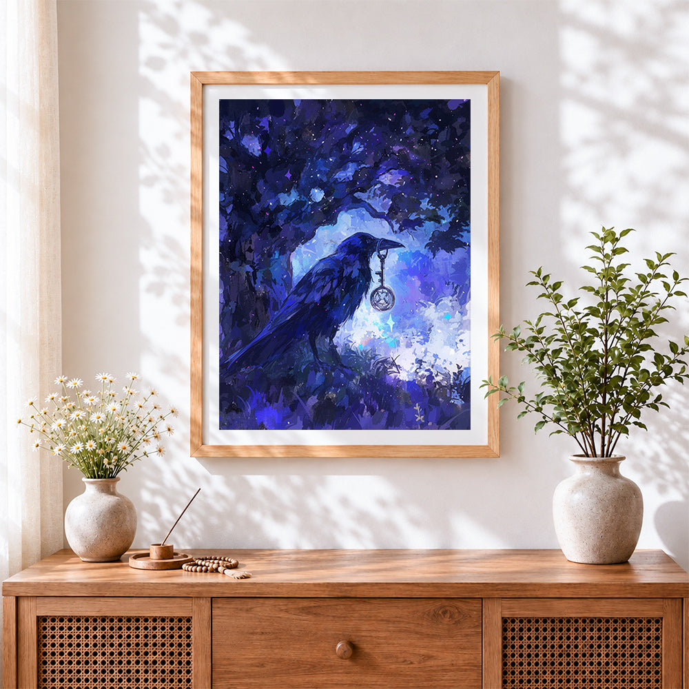 Finished mystical raven with key in enchanted forest cross stitch artwork displayed