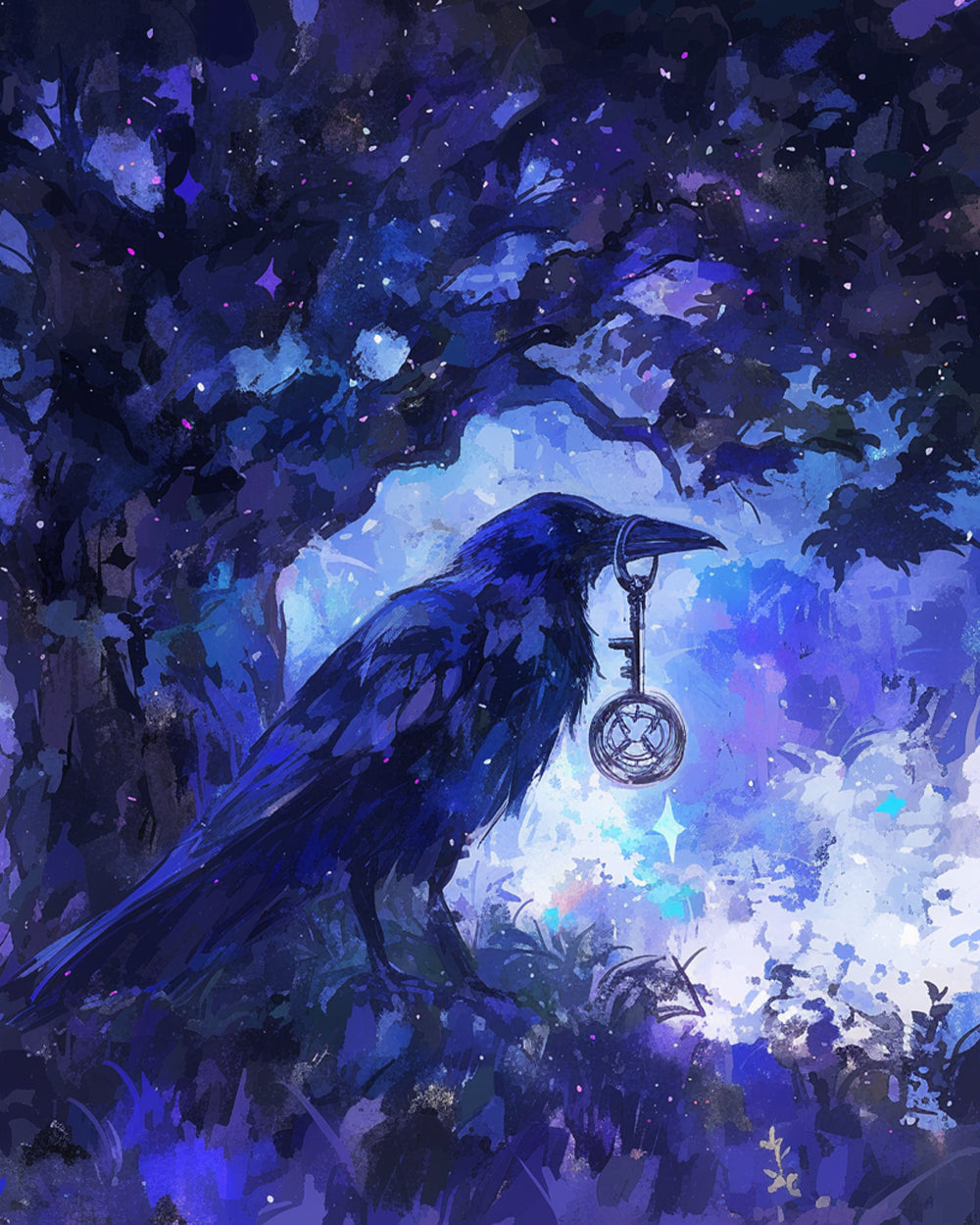 Mystical raven with key in enchanted forest cross stitch kit for beginners