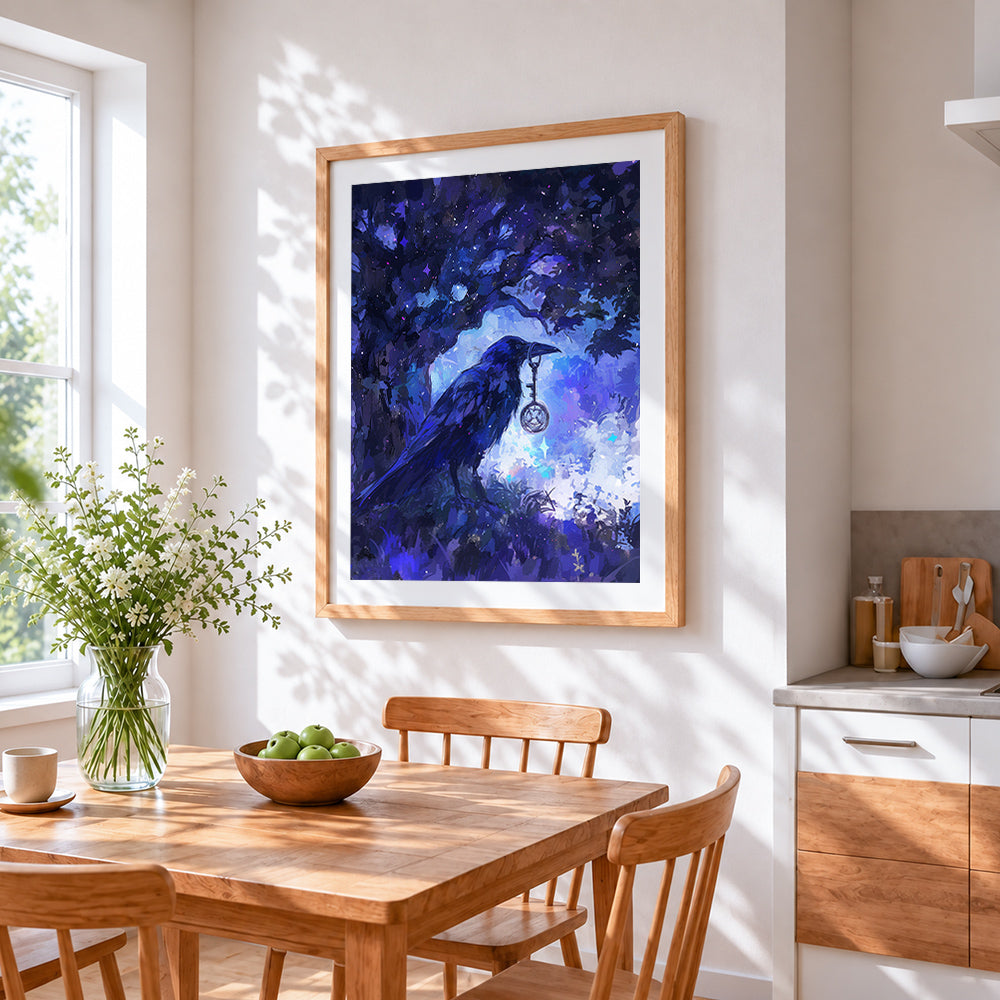 Mystical raven with key in enchanted forest cross stitch artwork displayed on wall as home decor