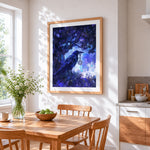 Mystical raven with key in enchanted forest cross stitch artwork displayed on wall as home decor