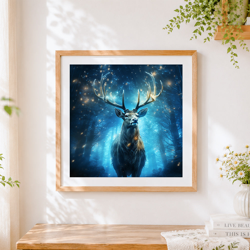 Finished mystical stag in a glowing forest cross stitch artwork displayed