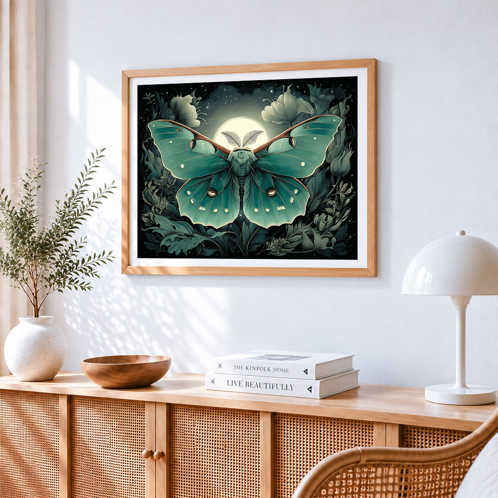 Mystical teal moth with full moon cross stitch artwork displayed on wall as home decor