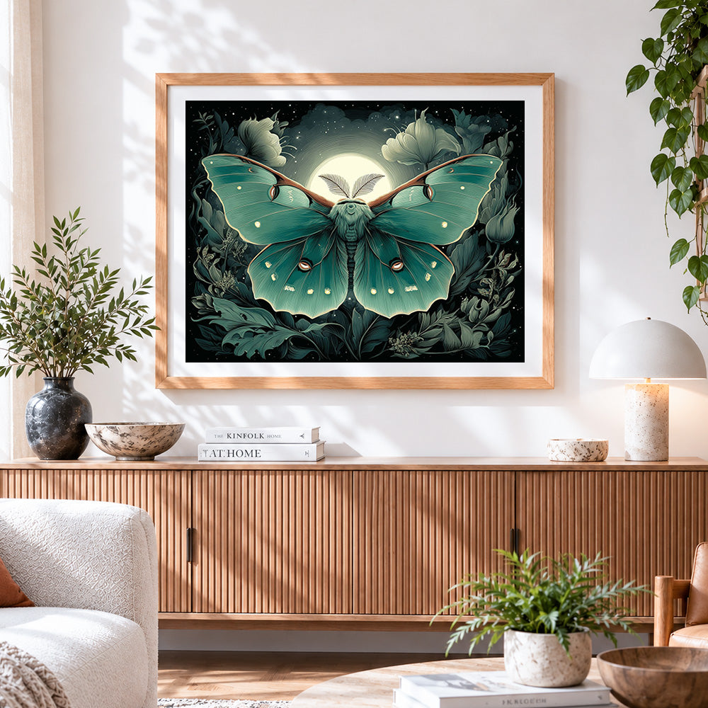 Finished mystical teal moth with full moon paint by numbers artwork displayed as home decor