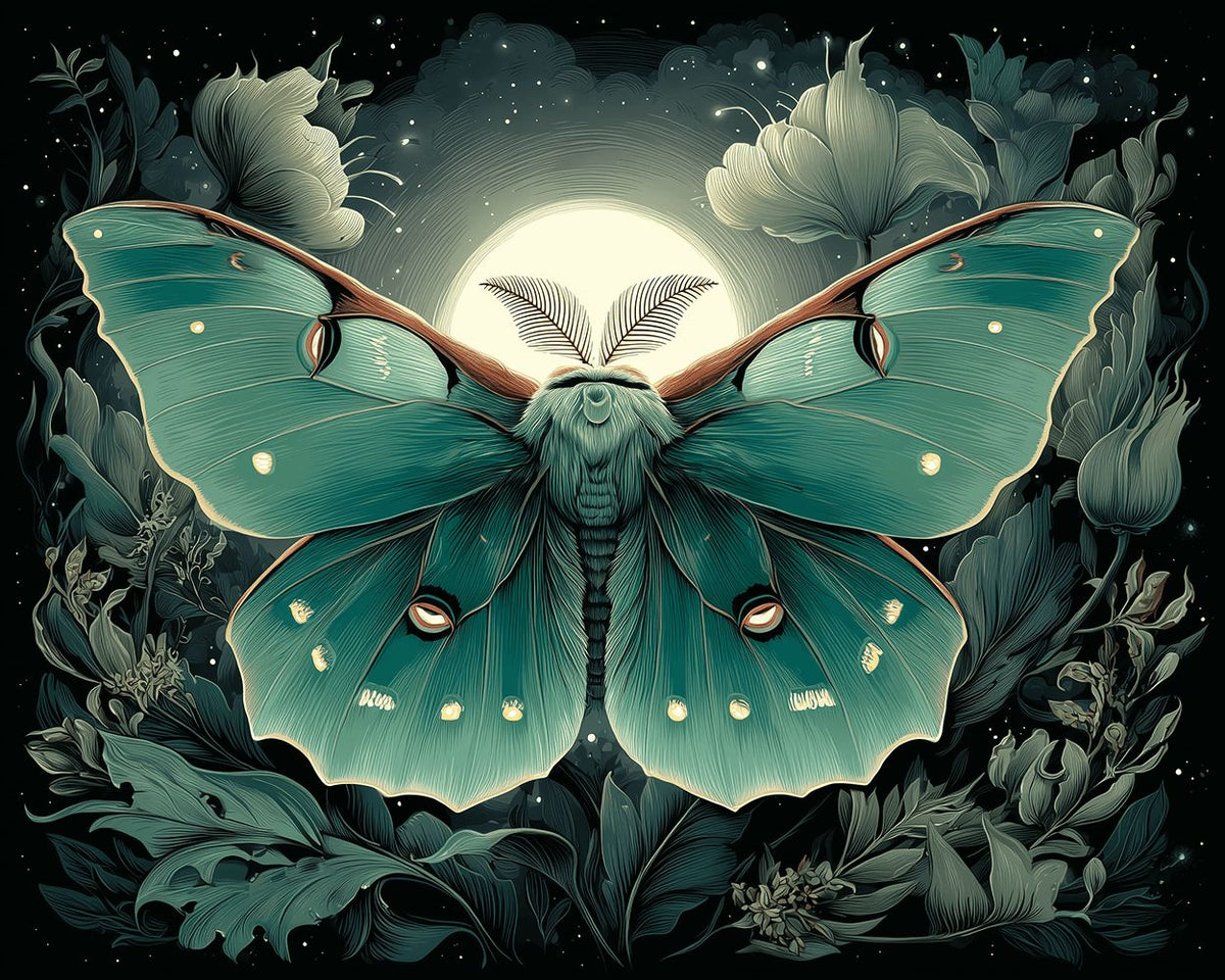 Mystical teal moth with full moon paint by numbers kit for beginners