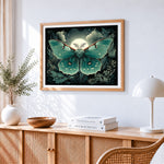 Mystical teal moth with full moon paint by numbers artwork displayed on wall as home decor