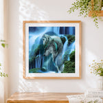 Finished mystical wolf by a blue waterfall paint by numbers artwork displayed as home decor