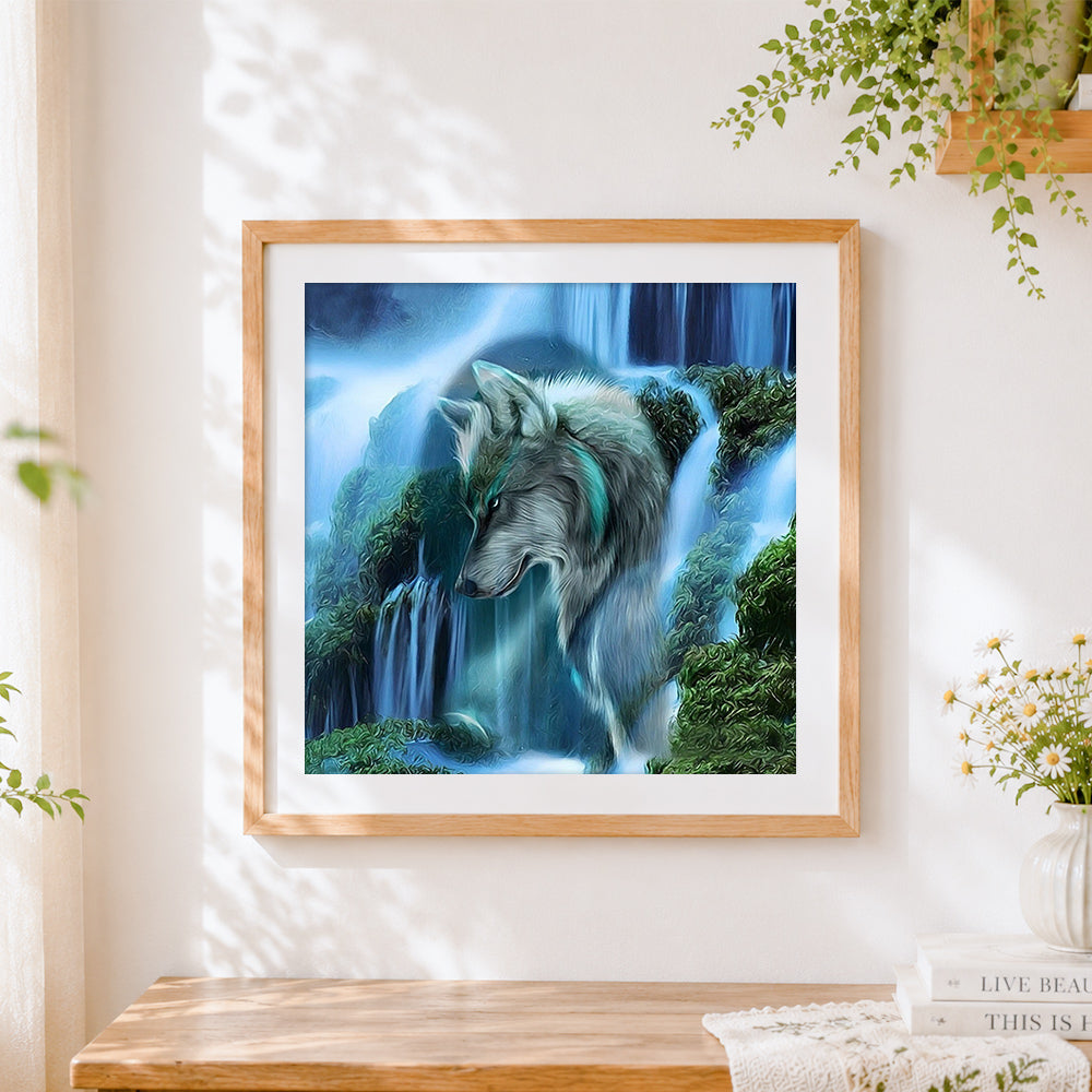 Finished mystical wolf by a blue waterfall paint by numbers artwork displayed as home decor