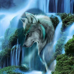 Mystical wolf by a blue waterfall paint by numbers kit for beginners