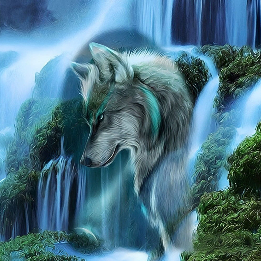 Mystical wolf by a blue waterfall paint by numbers kit for beginners