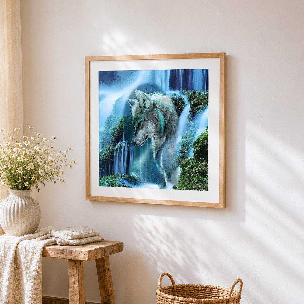 Mystical wolf by a blue waterfall paint by numbers artwork displayed on wall as home decor