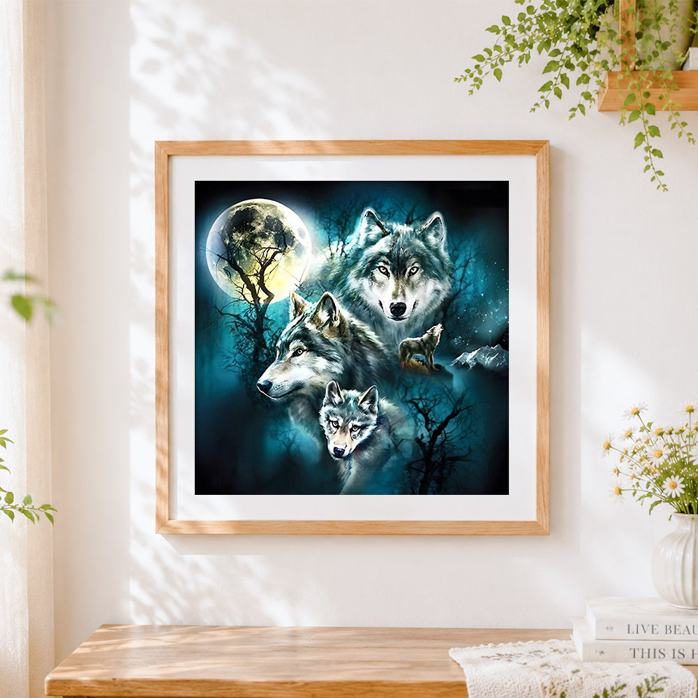 Finished mystical wolf pack under a full moon paint by numbers artwork displayed as home decor