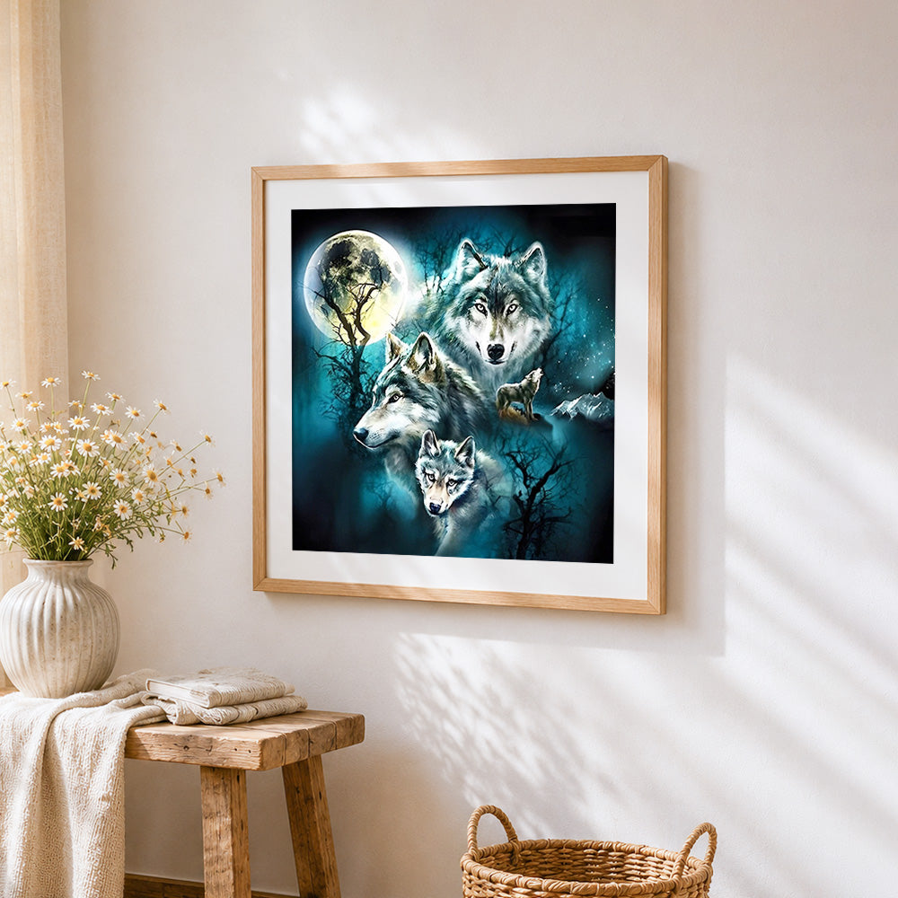 Mystical wolf pack under a full moon paint by numbers artwork displayed on wall as home decor