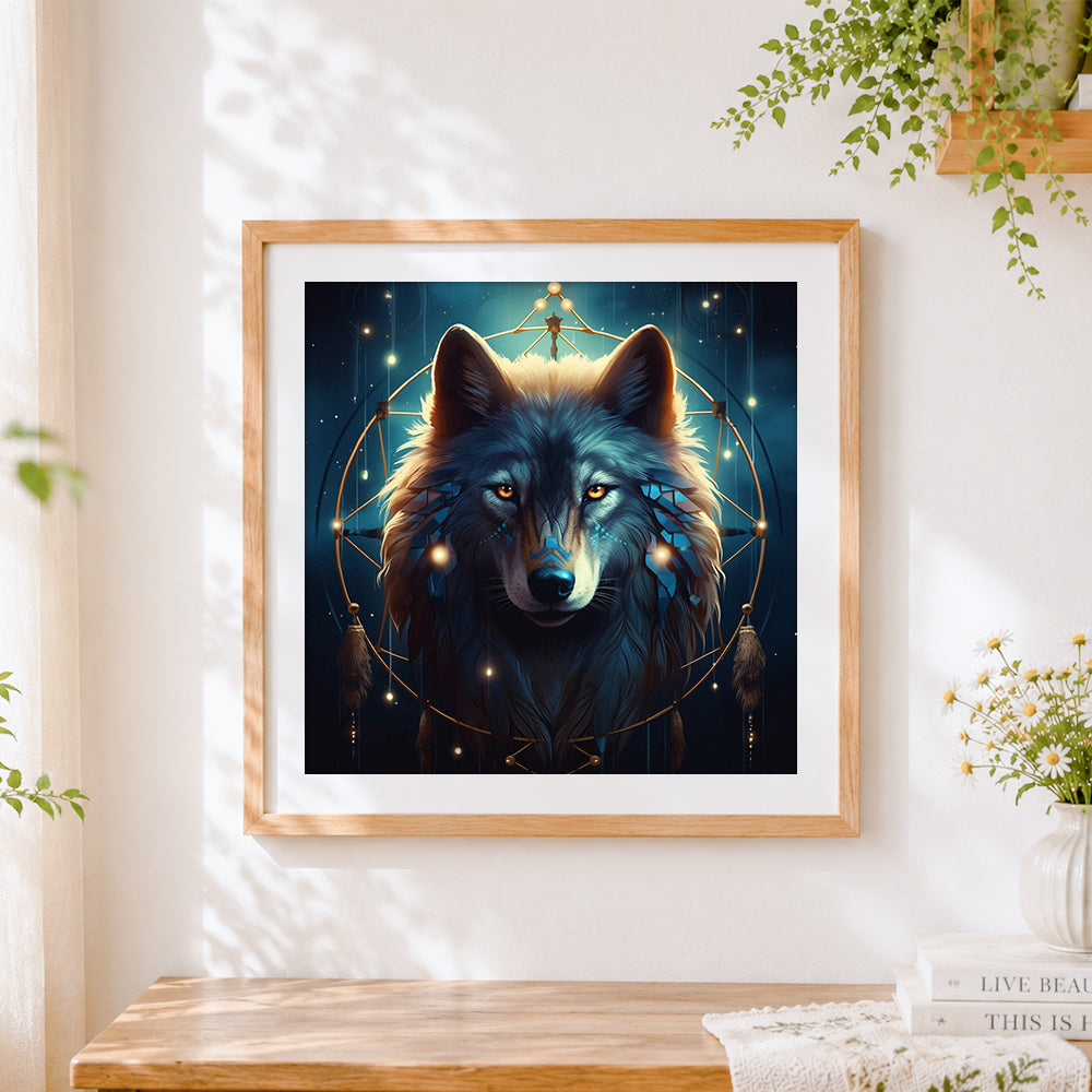 Finished mystical wolf with a dreamcatcher cross stitch artwork displayed