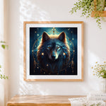 Finished mystical wolf with a dreamcatcher cross stitch artwork displayed