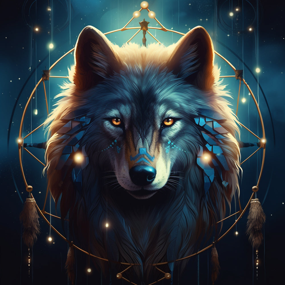 mystical wolf with a dreamcatcher cross stitch kit for beginners