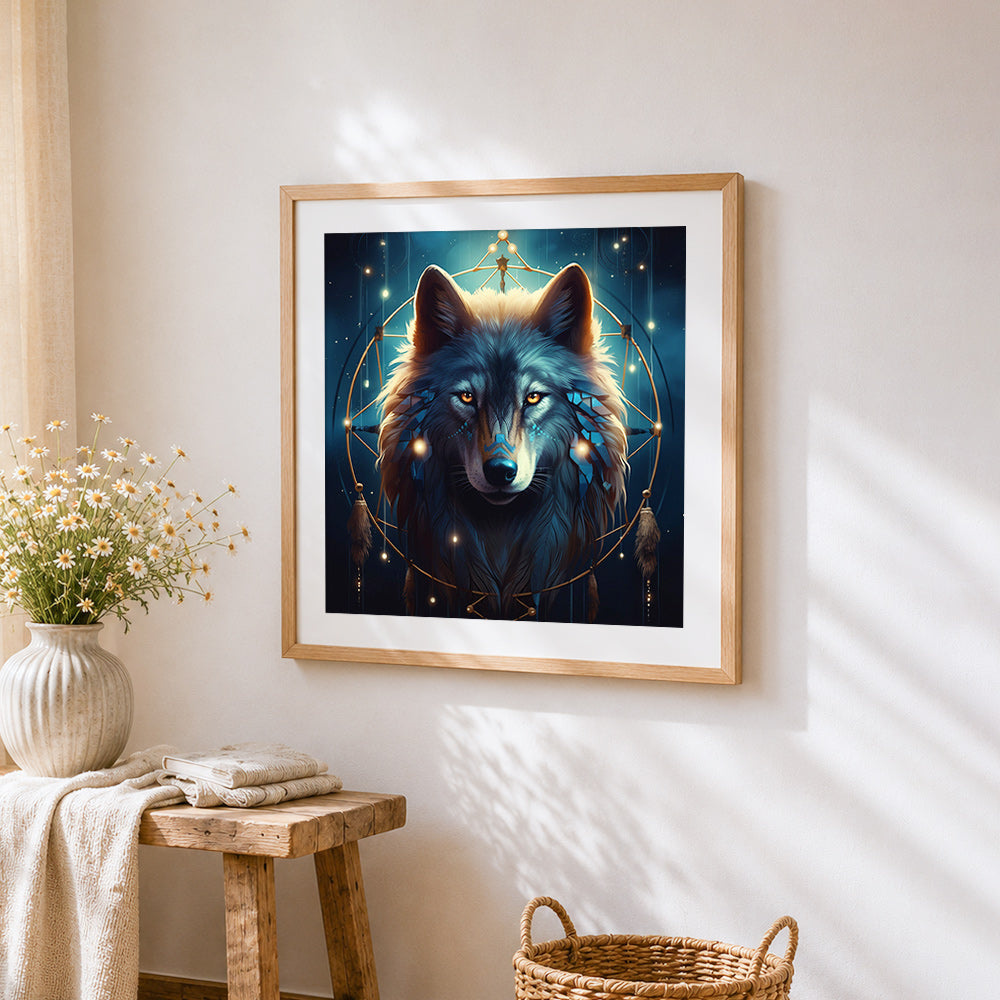 Mystical wolf with a dreamcatcher cross stitch artwork displayed on wall as home decor