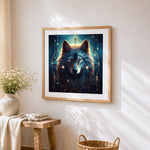 Mystical wolf with a dreamcatcher cross stitch artwork displayed on wall as home decor