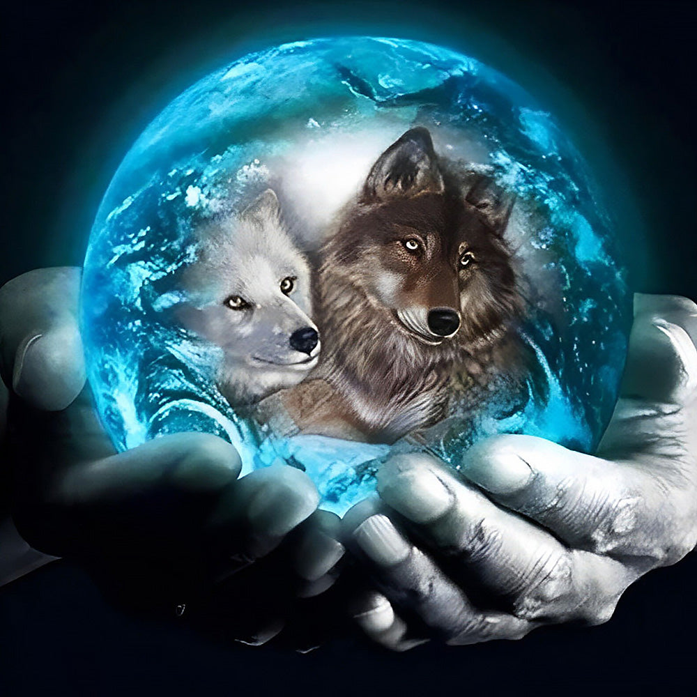 Mystical wolves in a crystal ball cross stitch kit for beginners