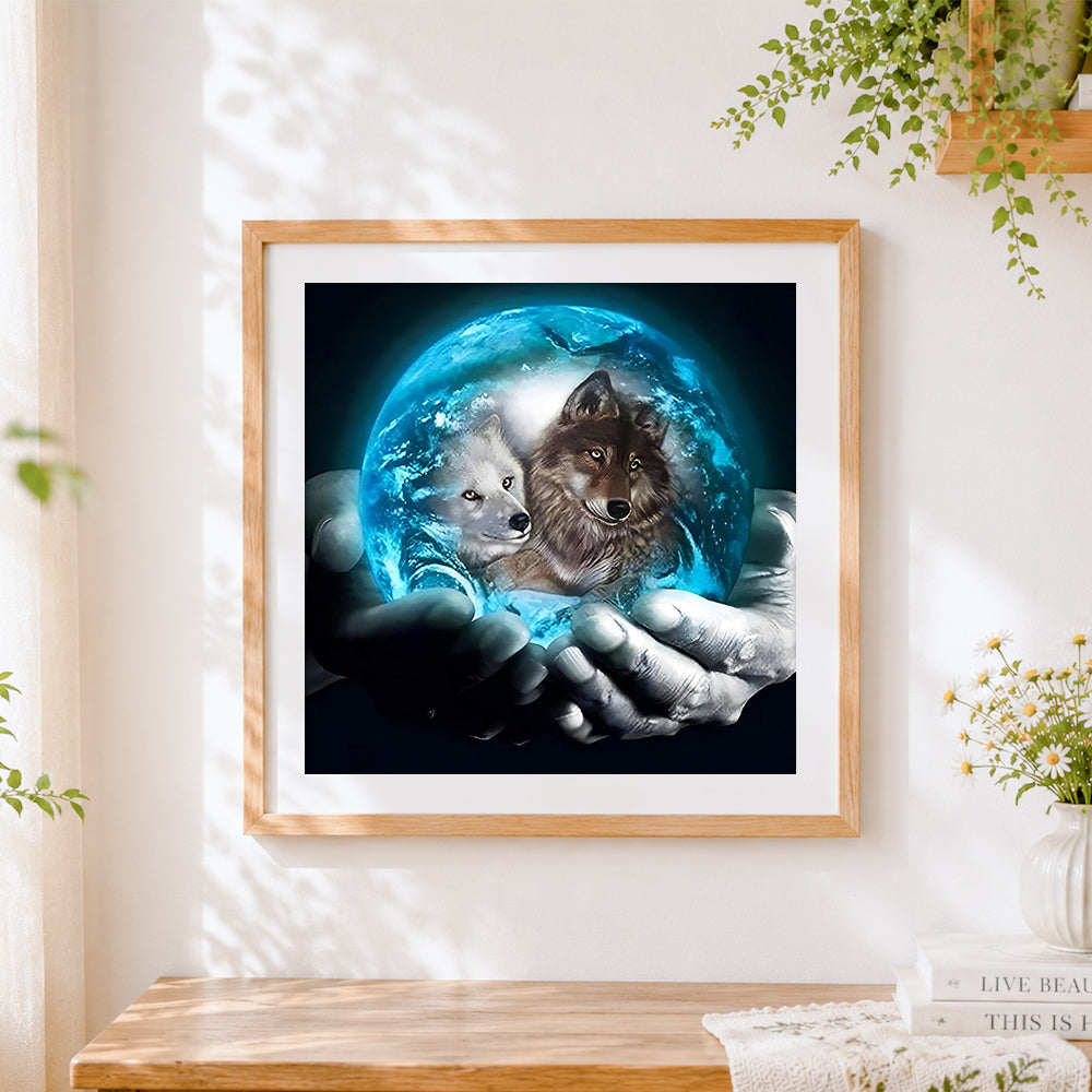 Finished mystical wolves in a crystal ball paint by numbers artwork displayed as home decor