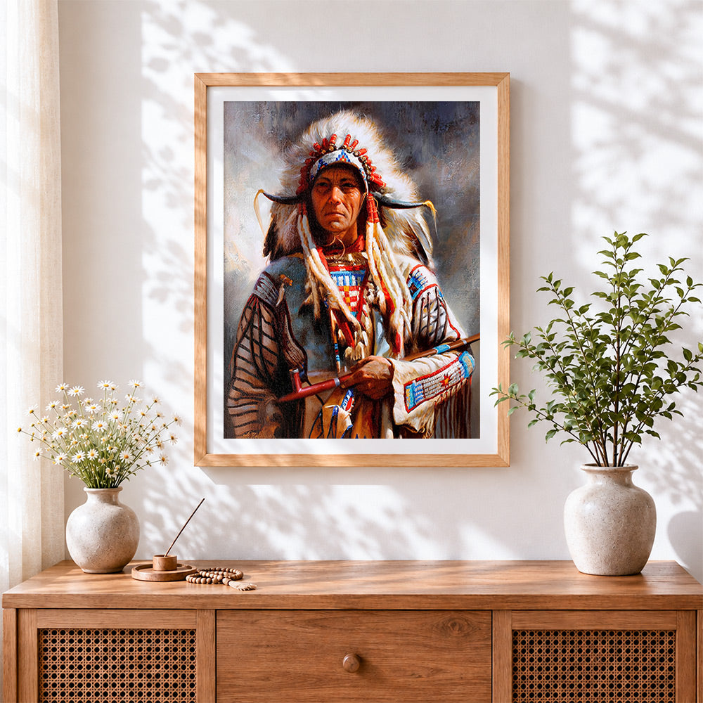 Finished native american chief portrait cross stitch artwork displayed