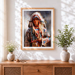 Finished native american chief portrait cross stitch artwork displayed