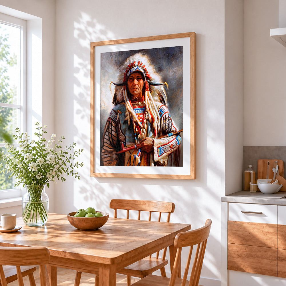 Native american chief portrait cross stitch artwork displayed on wall as home decor