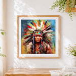 Finished native american portrait cross stitch artwork displayed