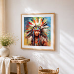 Native american portrait cross stitch artwork displayed on wall as home decor