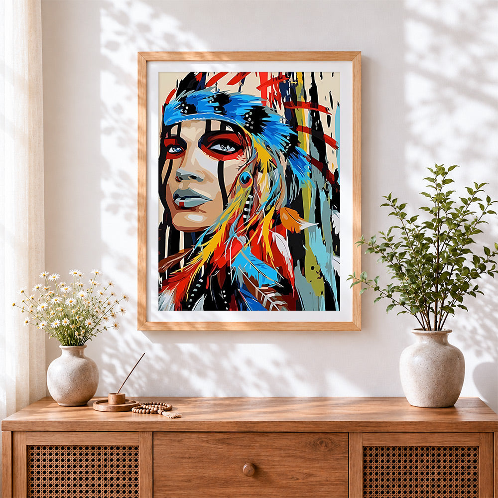Finished native american style feather portrait cross stitch artwork displayed