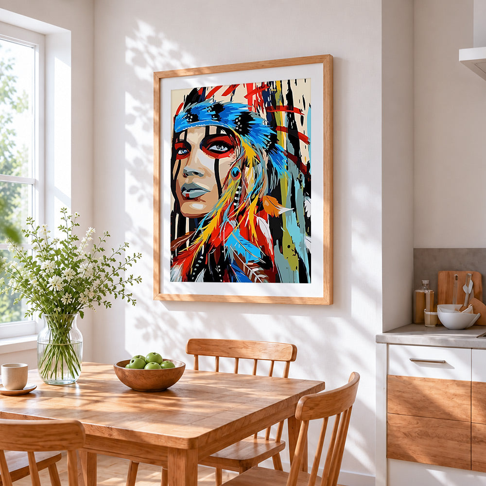 Native american style feather portrait cross stitch artwork displayed on wall as home decor