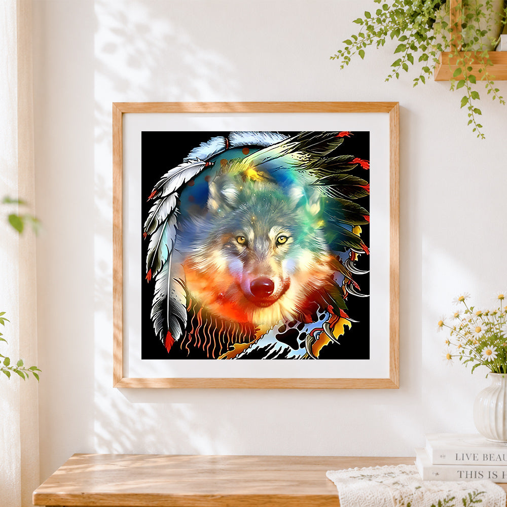 Finished native american style wolf with feathers cross stitch artwork displayed