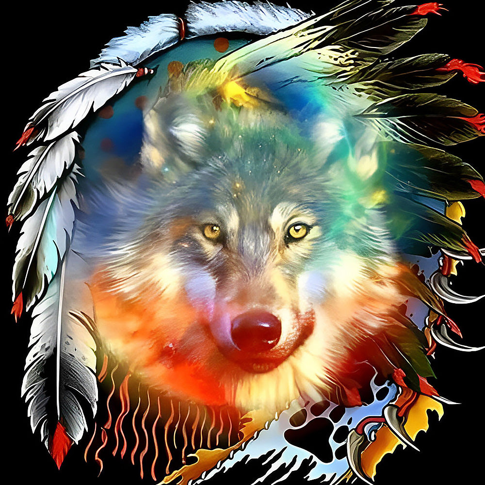 Native american style wolf with feathers cross stitch kit for beginners