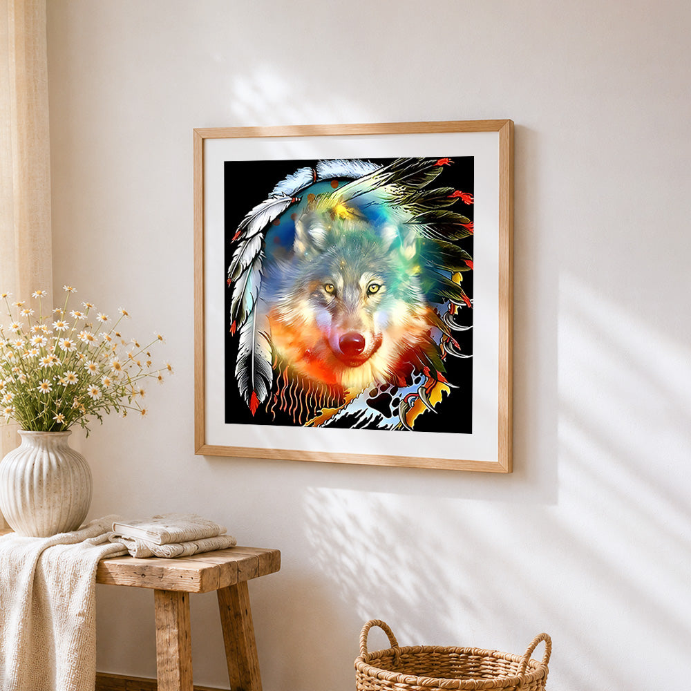Native american style wolf with feathers cross stitch artwork displayed on wall as home decor