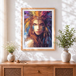 Finished native american style woman cross stitch artwork displayed