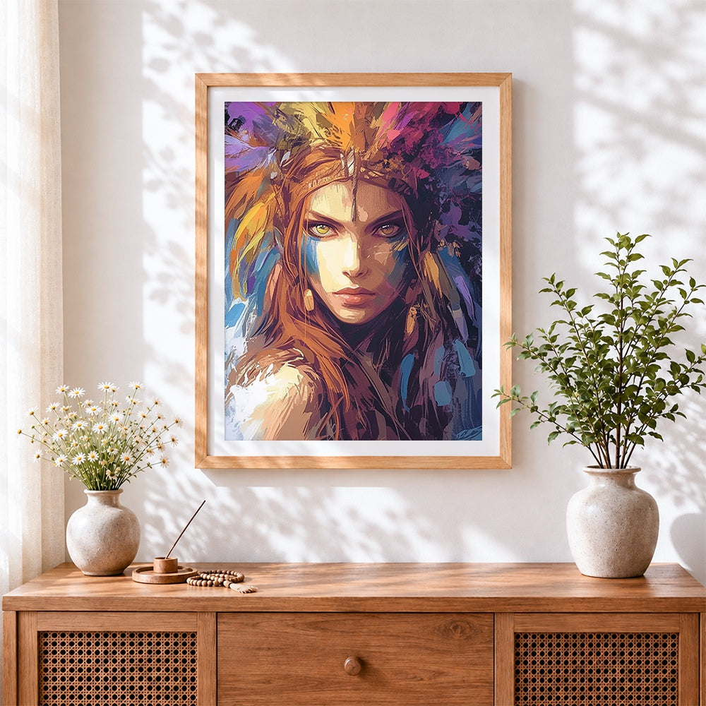 Finished native american style woman cross stitch artwork displayed