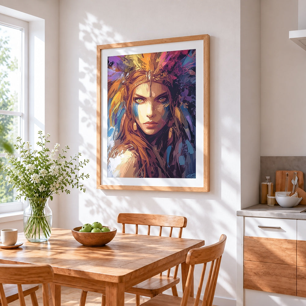 Native american style woman cross stitch artwork displayed on wall as home decor