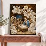 Finished nativity scene with angels pearl diamond painting artwork displayed as home decor