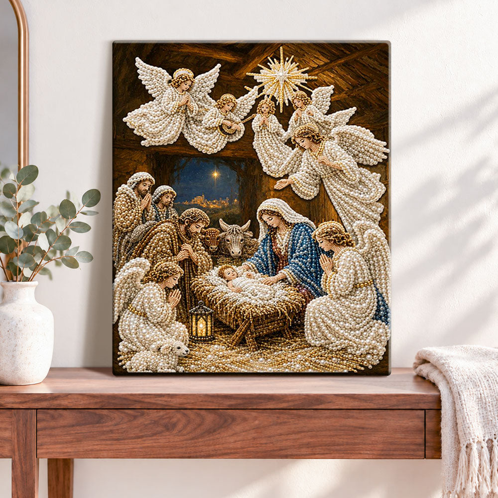 Finished nativity scene with angels pearl diamond painting artwork displayed as home decor