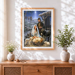 Finished nativity scene with mary, joseph and baby jesus cross stitch artwork displayed