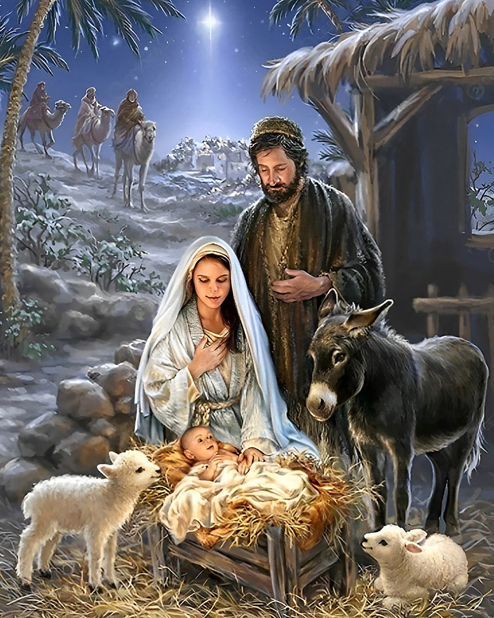 Nativity scene with mary, joseph and baby jesus cross stitch kit for beginners
