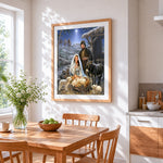 Nativity scene with mary, joseph and baby jesus cross stitch artwork displayed on wall as home decor