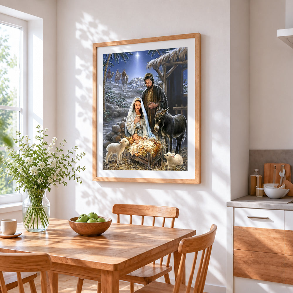 Nativity scene with mary, joseph and baby jesus cross stitch artwork displayed on wall as home decor