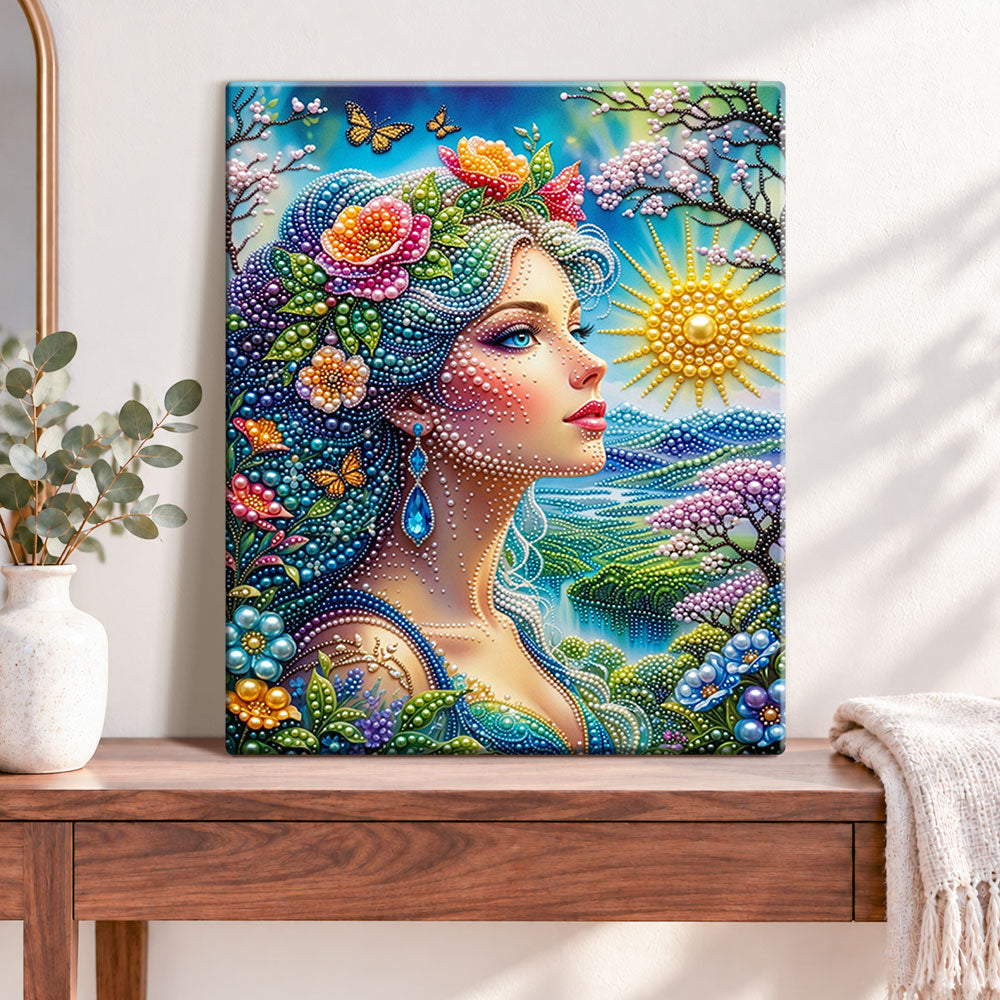 Finished nature goddess glow pearl diamond painting artwork displayed as home decor