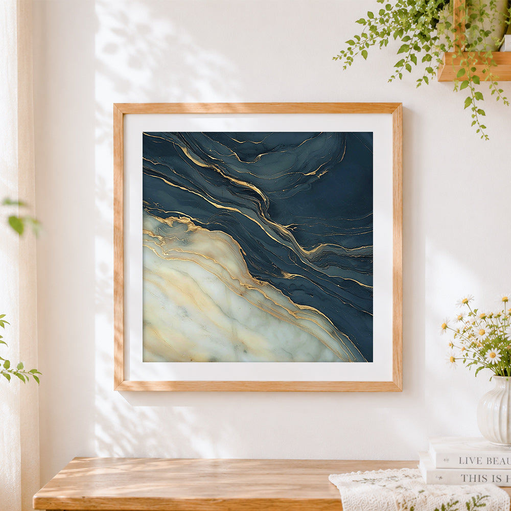 Finished navy blue and gold marble texture cross stitch artwork displayed