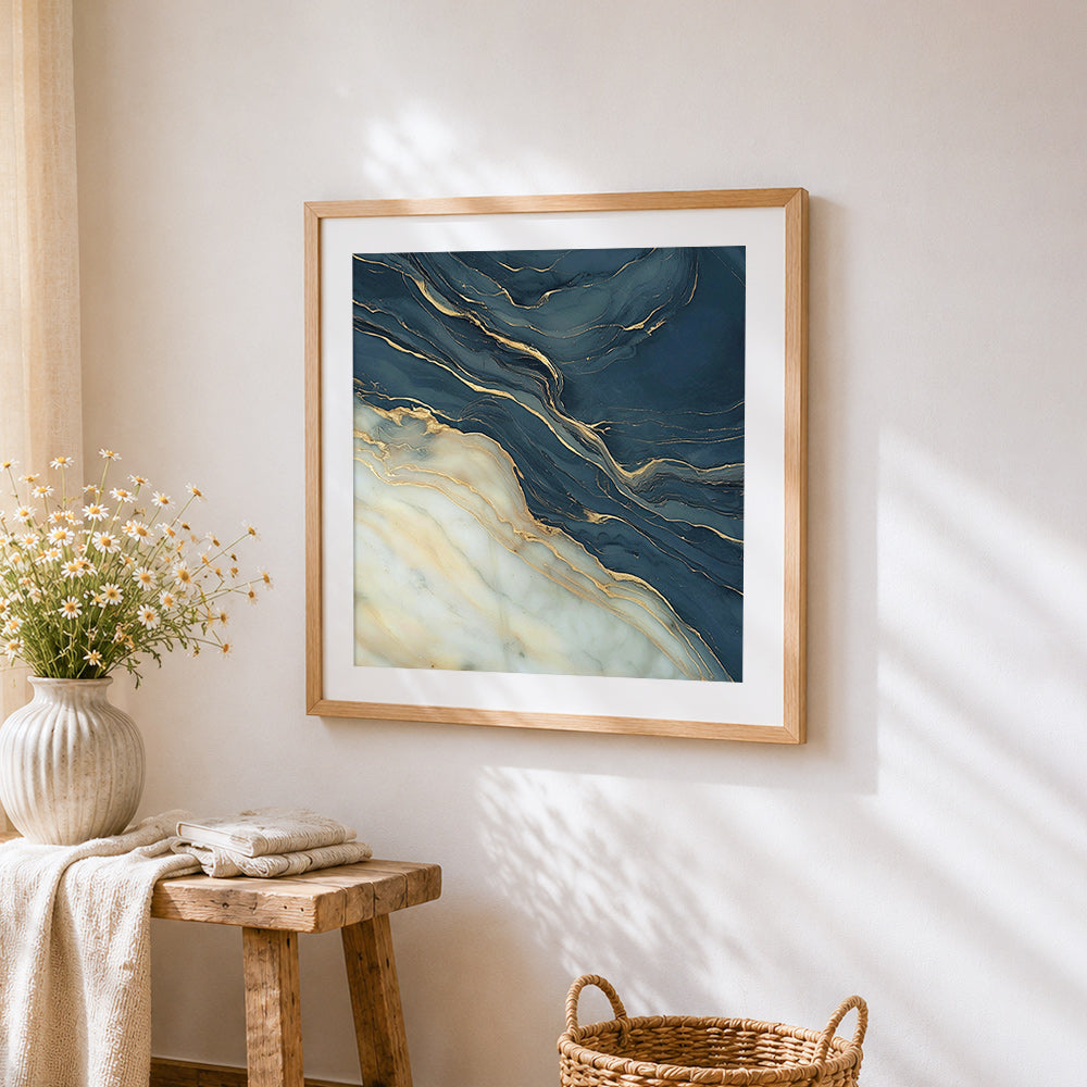 Navy blue and gold marble texture cross stitch artwork displayed on wall as home decor