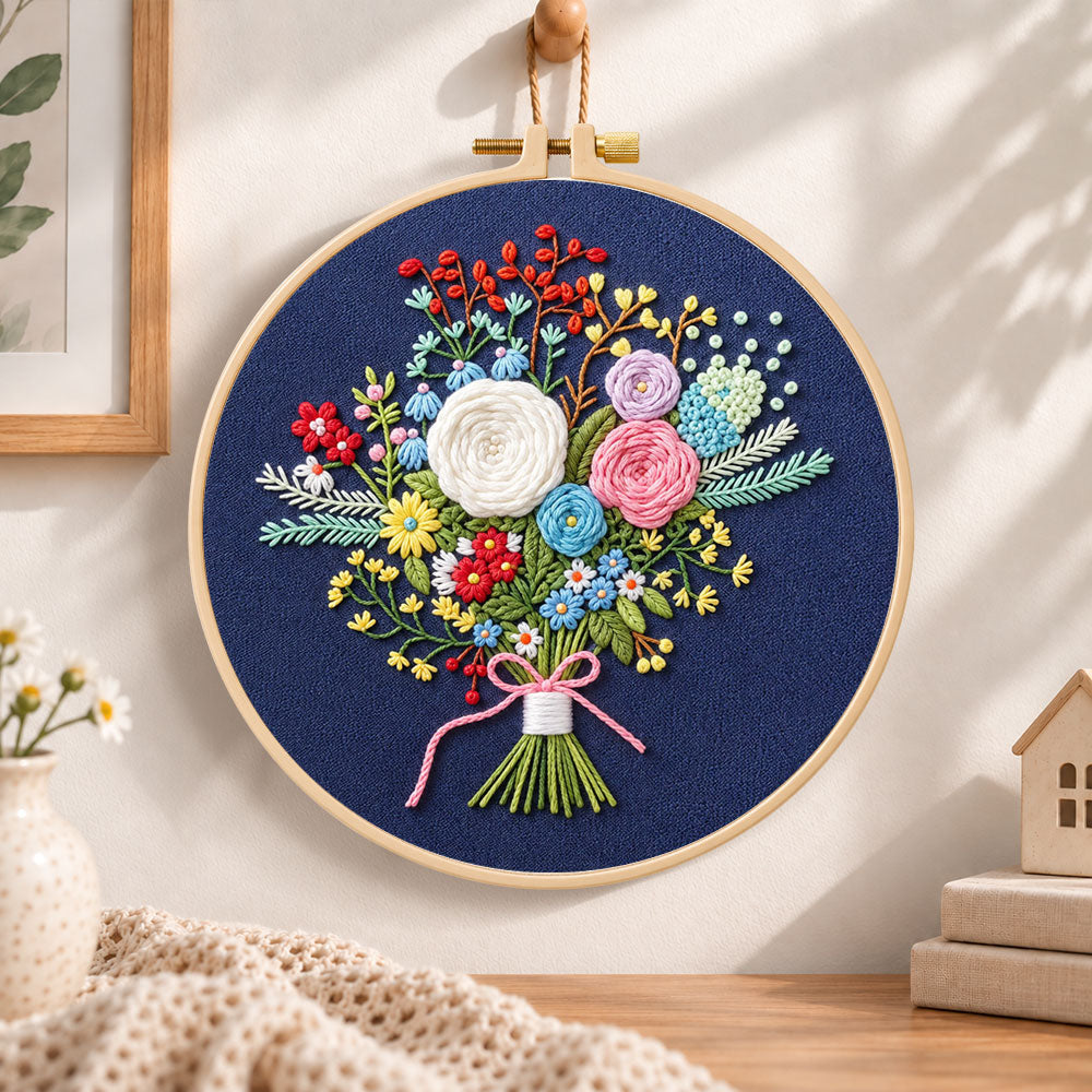 Navy floral bouquet embroidery hoop wall art displayed as warm and cosy handmade home decor