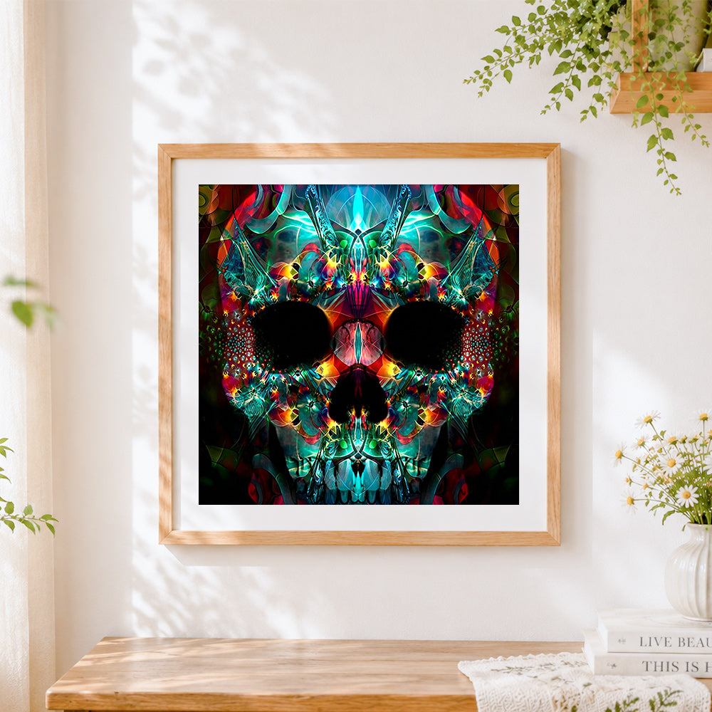 Finished neon abstract skull cross stitch artwork displayed