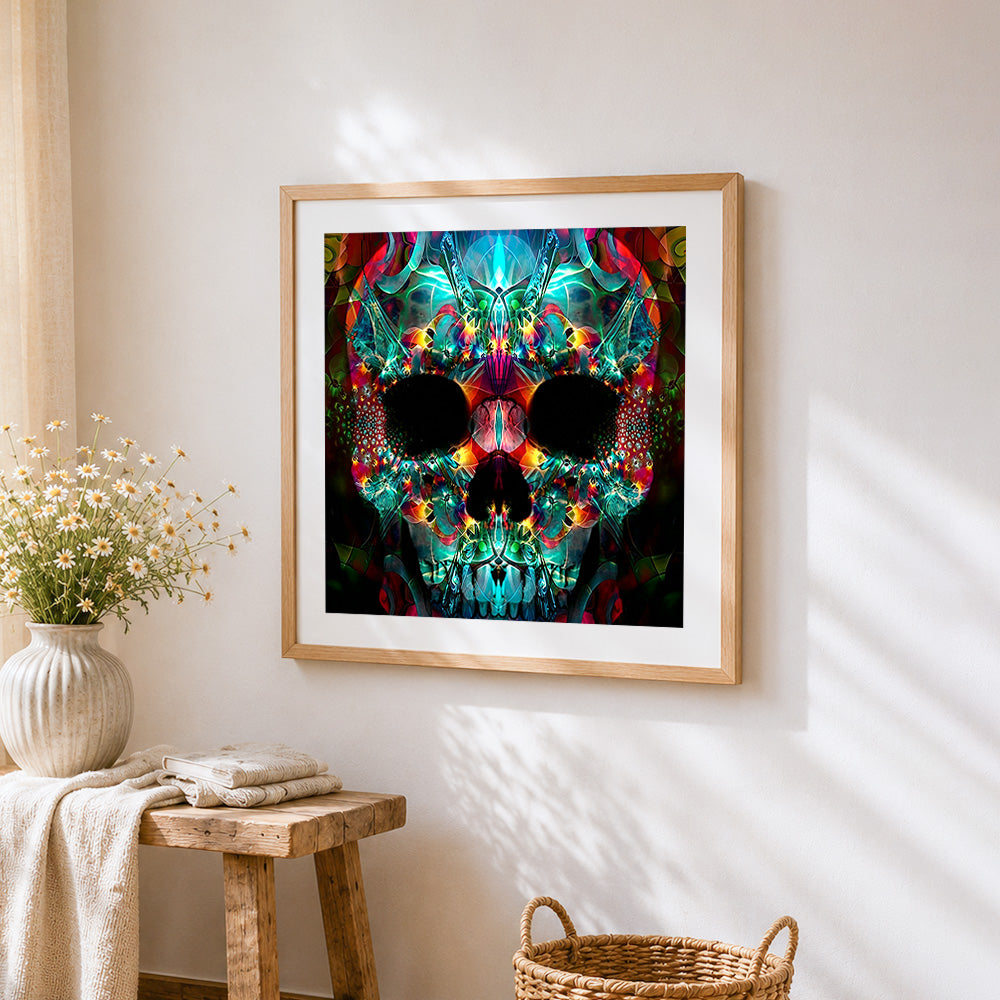 Neon abstract skull cross stitch artwork displayed on wall as home decor