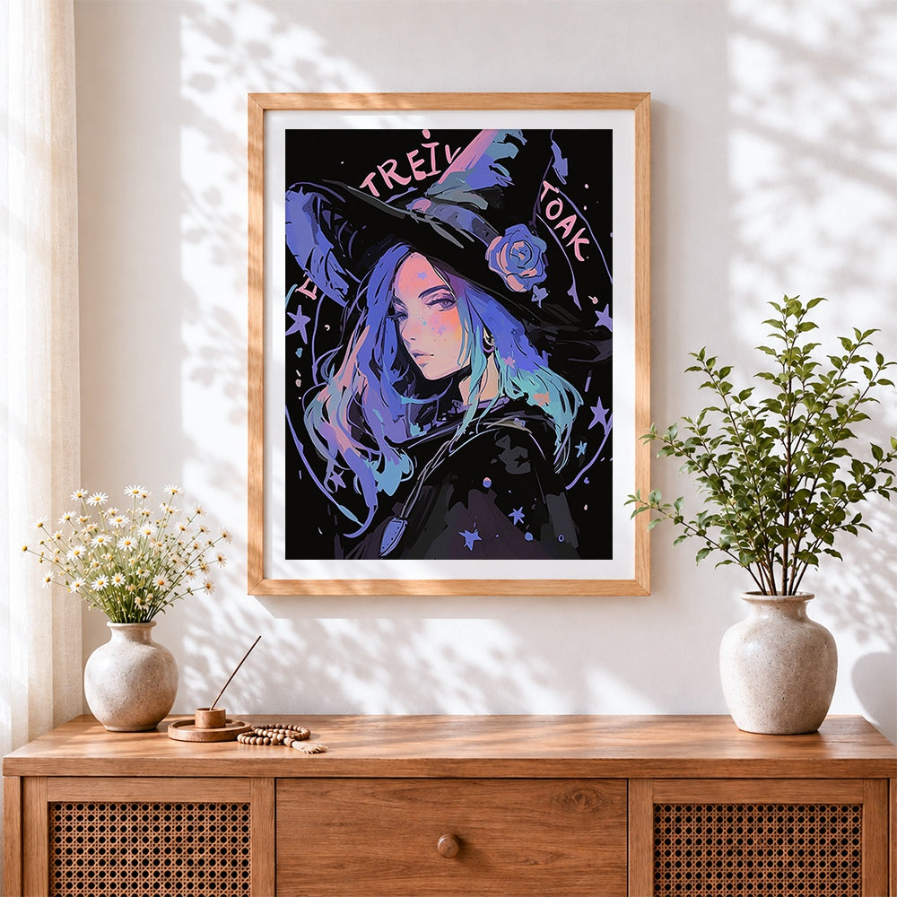 Finished neon blue-haired witch cross stitch artwork displayed