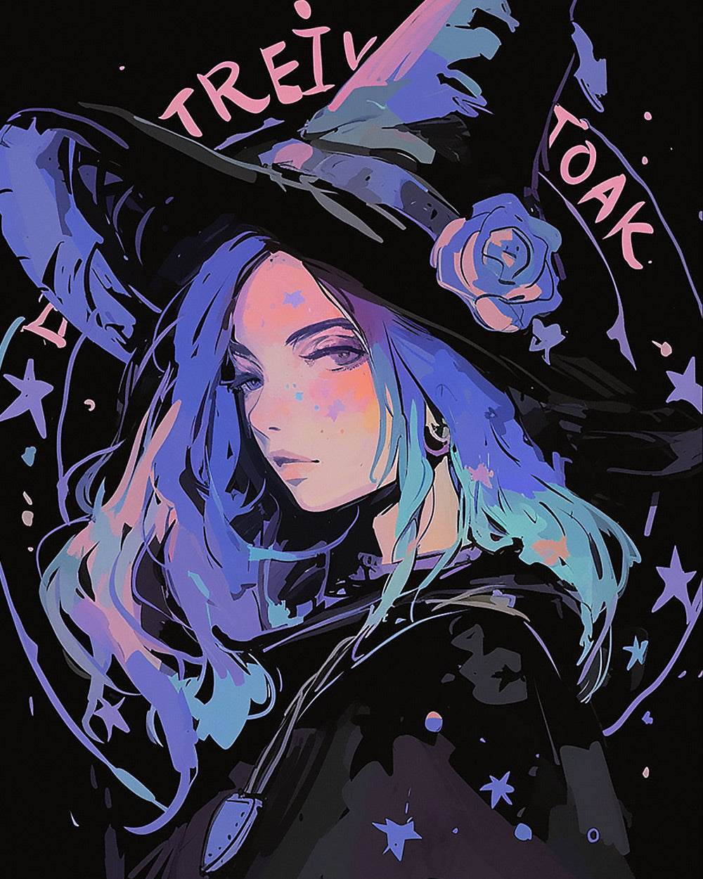 Neon blue-haired witch cross stitch kit for beginners